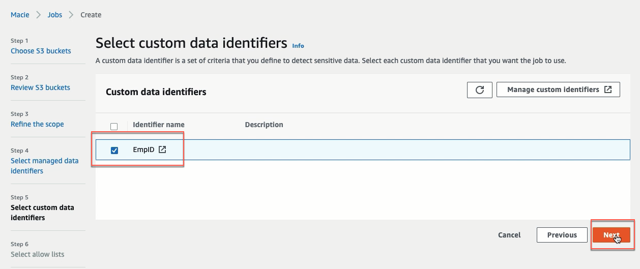 select custom data indentifiers